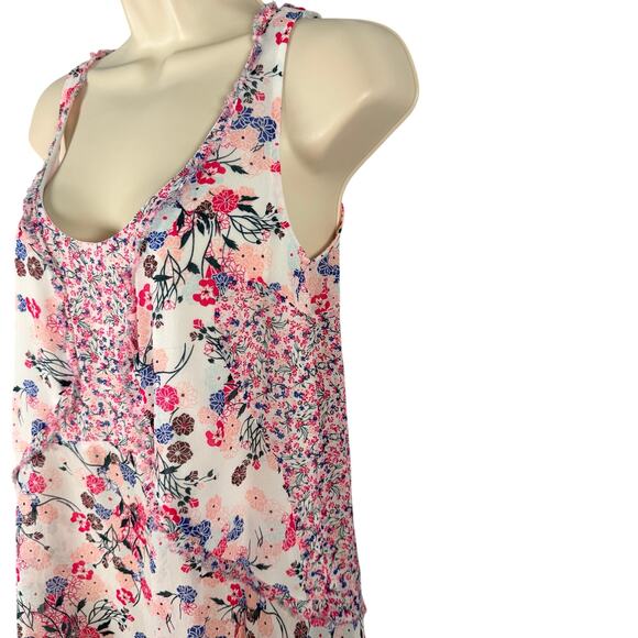 French Connection Top Womens 2 White Pink Multi Floral Chiffon Raw Edge Tank - Picture 4 of 9